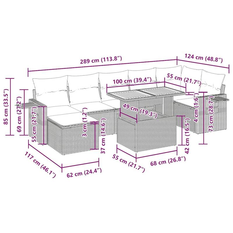 vidaXL Patio Sofa Set with Cushions Table and Sofa Modules 8 Piece Poly Rattan - 21.7 x 39.4 x 28.7