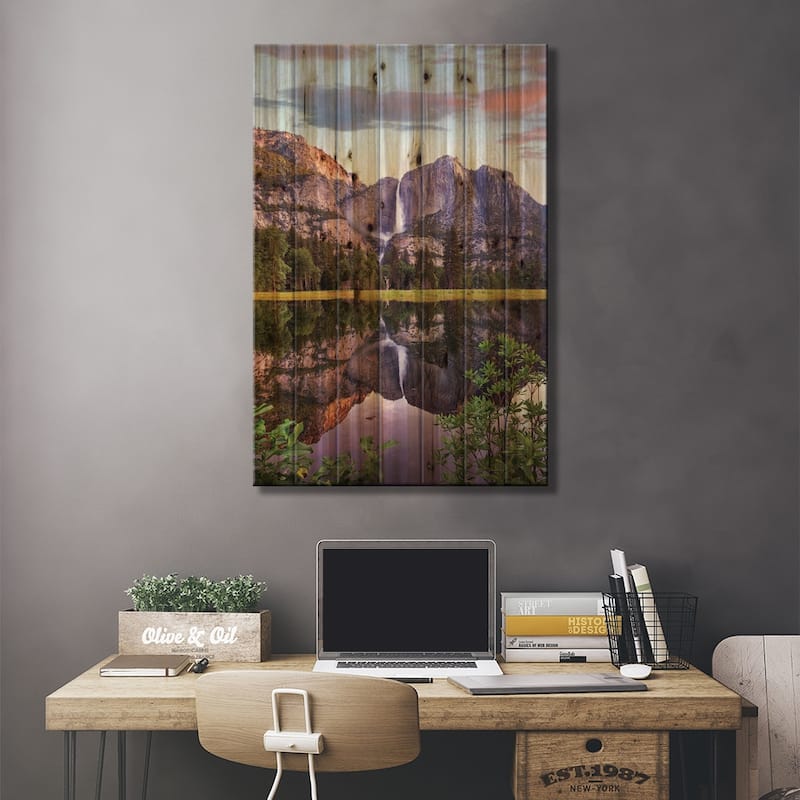 Yosemite Falls Reflected In Flooded Cook's Meadow, Yosemite Valley, Yosemite National Park, CA Print On Wood by Tim Fitzharris
