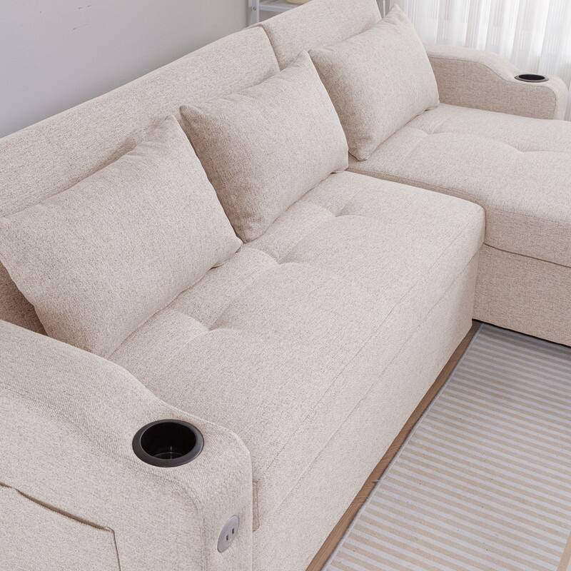 Modern Upholstered Linen Sleeper Sofa Sectional with Chaise,Pull Out Couches with USB Ports & Cup Holders