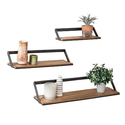 Set of Three Floating Decorative Metal and Wood Wall Shelves
