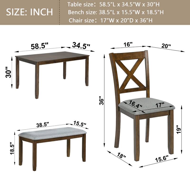 6 Pieces Dining Table Set, 6 Person Kitchen Table Chairs Set with Rectangular Table, 4 Upholstered Chairs and 1 Bench