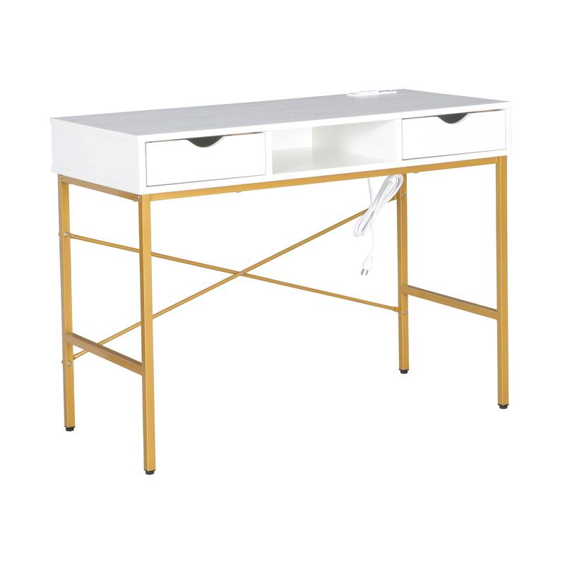JJS 40" Modern Office Desk Large Computer Desk with Power Outlet, USB Port & Drawer, Home Workstation