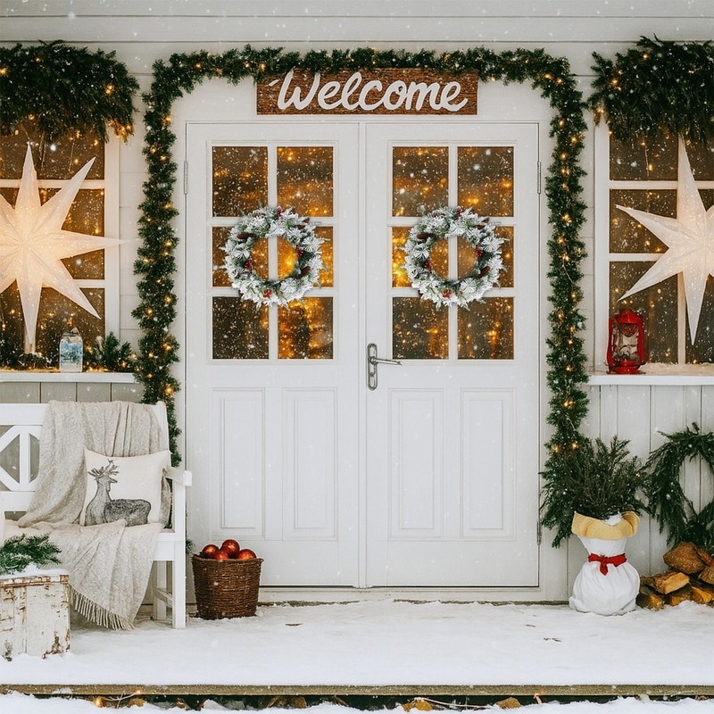 2 Pack 18in Pre-lit Snow Flocked Christmas Wreath, Lighted Artificial Wreath with Red Berries Pine Cones, for Party Decorations