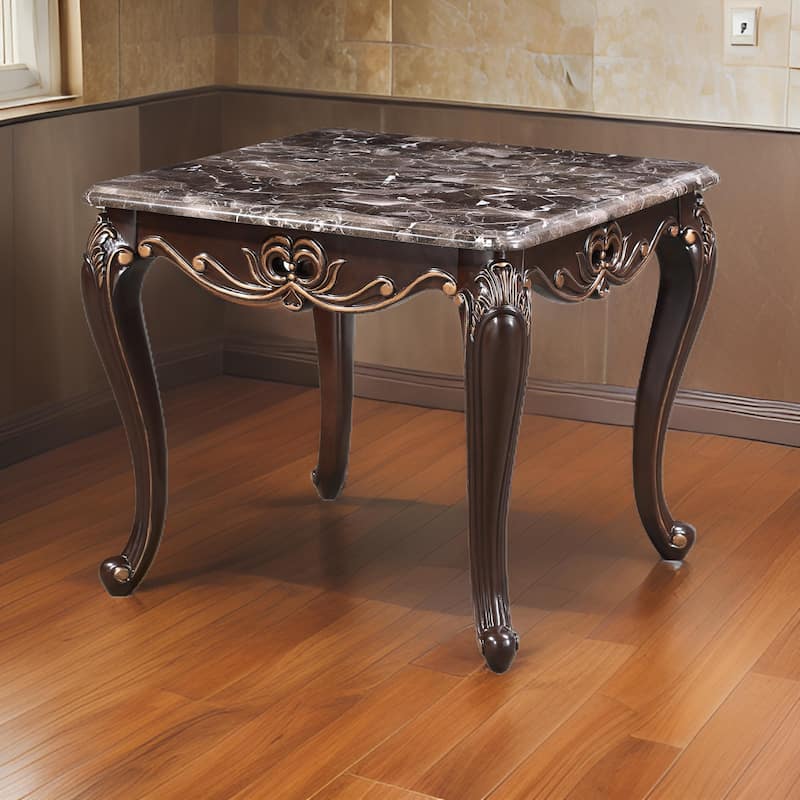 Cona 28 Inch Side End Table, Carved Gold Accents, Cherry Brown, Gray White