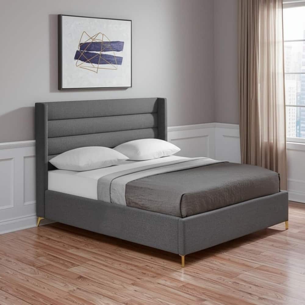 HomeRoots Gray Linen Upholstered Full Bed Frame
