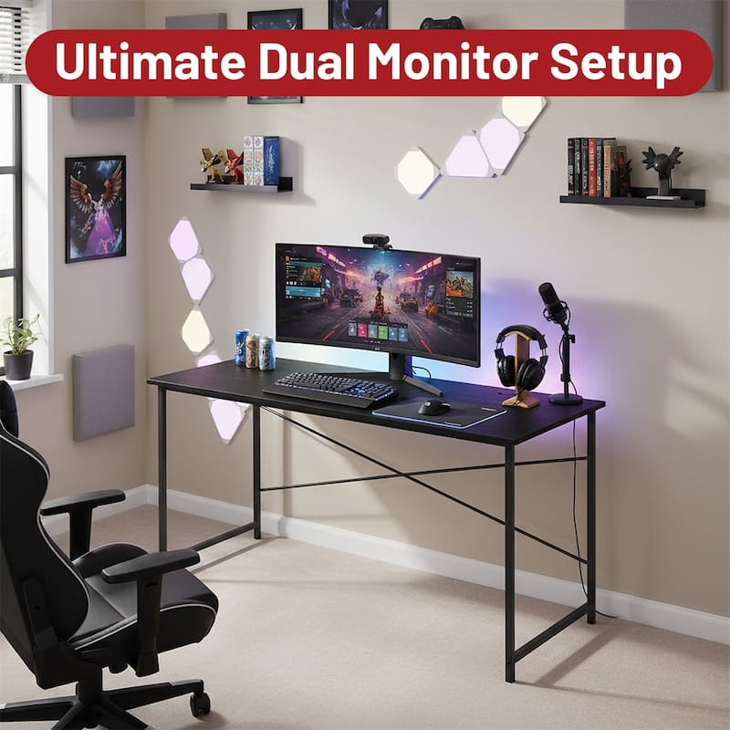 Computer Desk, 40-63 Inch Home Office Desk, Gaming Writing Work from Home Study Desk, Large Legroom, Sturdy Metal Frame