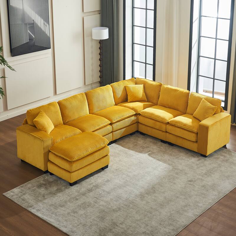 Modular Sectional Sofa for Living Room, U Shaped Sofa Couch with Ottoman and Three Toss Pillows, Corduroy Fabric Sofa Set
