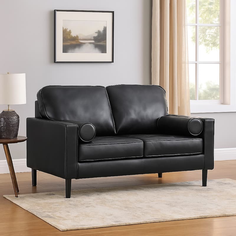 Bryc Loveseat, 2 Bolster Pillows, 61 Inch Black Real and Faux Leather