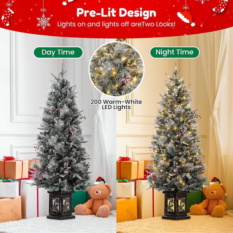 4.5 Ft Artificial Christmas Tree with 200 Warm White LED Lights and Red Berries Potted Base Holiday Xmas Tree