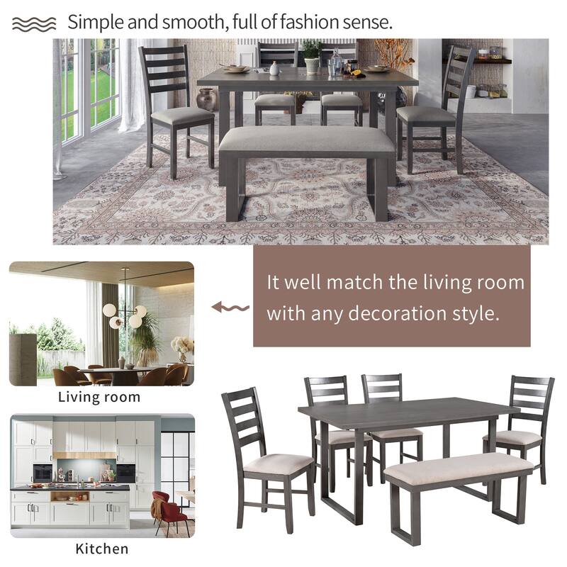 6 Pieces Family Furniture, Solid Wood Dining Room Set with Rectangular