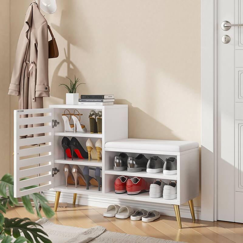 Javlergo L-Shaped Entryway Bench with Shoe Storage PU Cushion & Magnetic Shutter Door Hall Bench with Gold Legs for Living Room