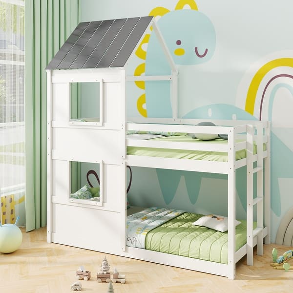 slide 2 of 9, Solid Wood Twin Over Twin Bunk Bed with Guardrail and Ladder, Perfect for Kids Bedrooms White-Grey