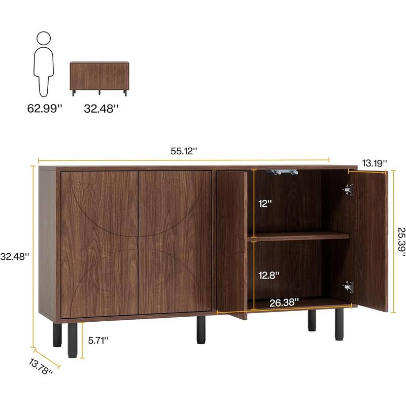Mid Century Modern Kitchen Cupboard with Adjustable Shelves and Touch Push Doors in Brown - 55.12" x 13.78" x 32.48"