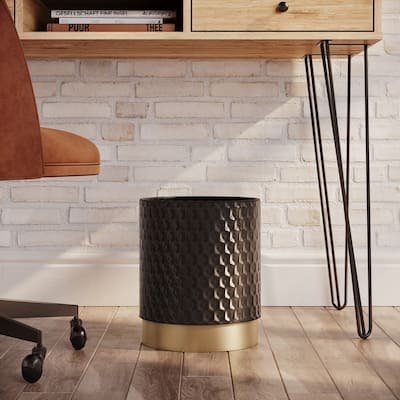 Ebony Mid Century Modern Indoor Metal Waste Basket With Gold Base