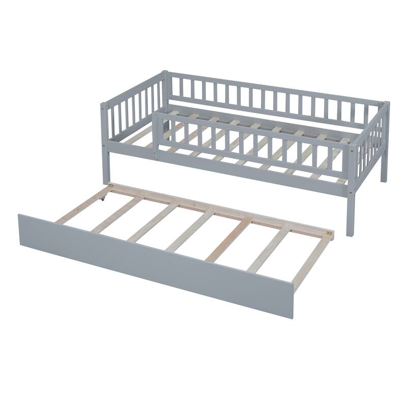 Twin Size Wood Daybed with Trundle and Fence Guardrails