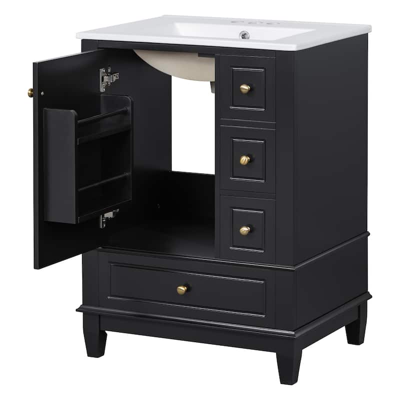 24" Freestanding Bathroom Vanity with Sink - Ceramic Top, Drawers & Shelves, MDF & Solid Wood Base, for Small Bathrooms