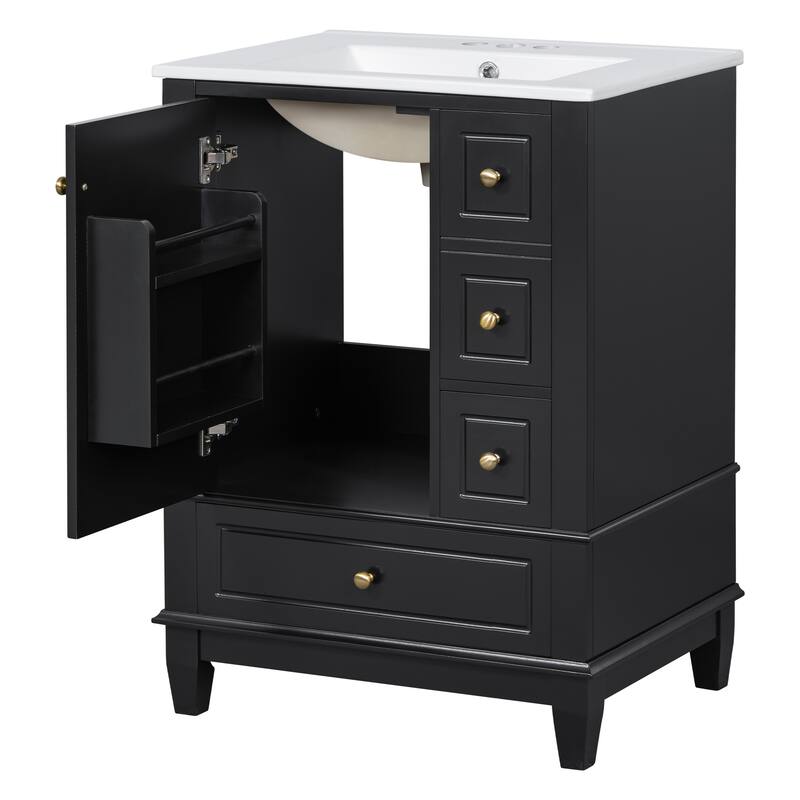 Roomfitters 24" Bathroom Vanity with Sink, Solid Wood Frame, 3 Drawers & Side Cabinet with Door Racks