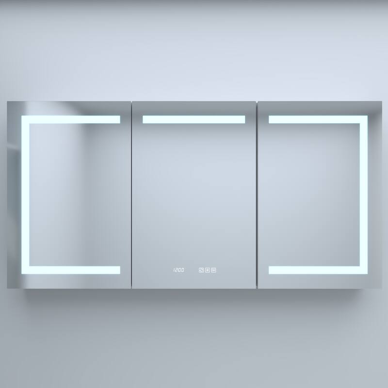 Rectangular Aluminum Recessed/Surface Mount Medicine Cabinet in Silver with Mirror LED and Clock