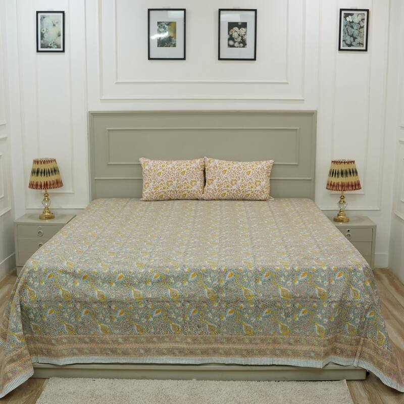 Fabdivine Handmade Block Print Flat Sheet or Bed Sheet Cotton Fabric Floral Home Decor - Hawamahal- Yellow, Grey, Brown - Twin XL