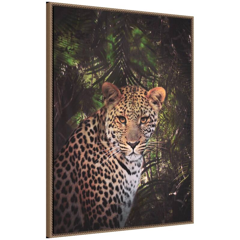 Kate and Laurel Sylvie Moody Leopard In The Rainforest Color Framed Canvas by Simon Te of Tai Prints - 28x38 - Gold