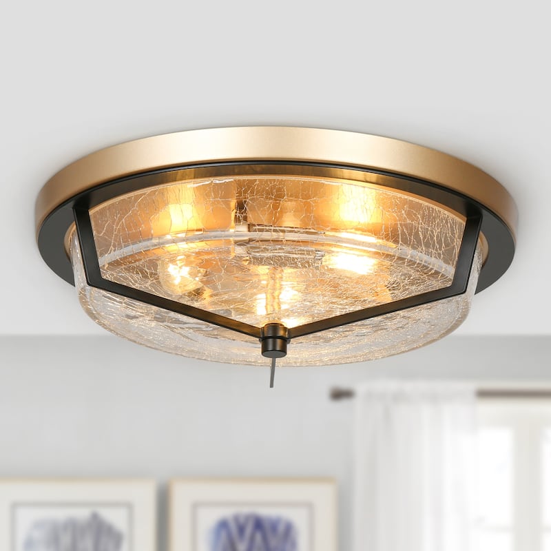 Modern Farmhouse Flush Mount Light Textured Cracked Glass LED 3-light for Hallway - Black & Gold - D15" x H 5"