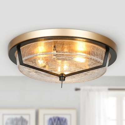 Modern Farmhouse Flush Mount Light Textured Cracked Glass LED 3-light for Hallway - Black & Gold - D15" x H 5"