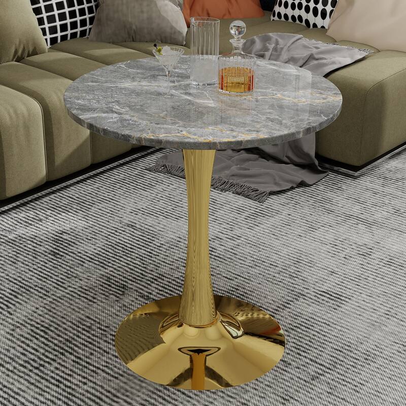 27.6" Mid-Century Modern Style Dining Table, Accommodates 2-4 People, Featuring A Round Dark Gray Textured Marble Tabletop