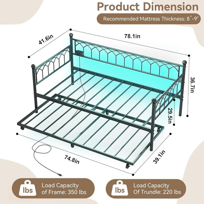 Heavy Duty Daybed, Twin Size Platform Sofa Bed Frame Set with Charging Station
