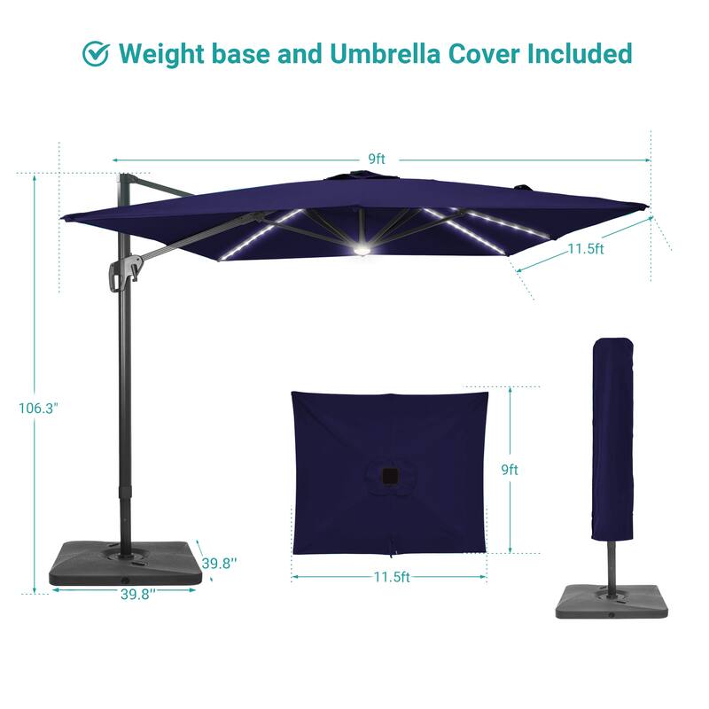BONOSUKI 11.5x9FT LED Cantilever Patio Umbrella 360 Rotation w/Base