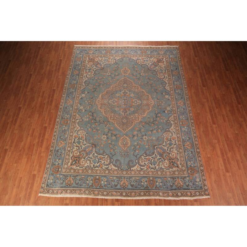 Blue Tabriz Persian Vintage Area Rug Hand-Knotted Wool Carpet - 9'6" x 12'10"