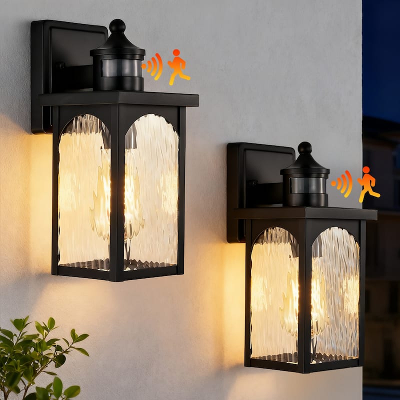 12 in. 1-Light Matte Black Motion Sensing Dusk to Dawn Outdoor Hardwired Wall Lantern Sconce with Clear Water Wave Glass - 2-PACK