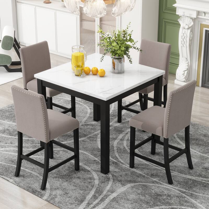 5-piece Counter Height Dining Table Set with 4 Velvet Upholstered Dining Chairs Faux Marble Desktop Square Dining Table - Brown