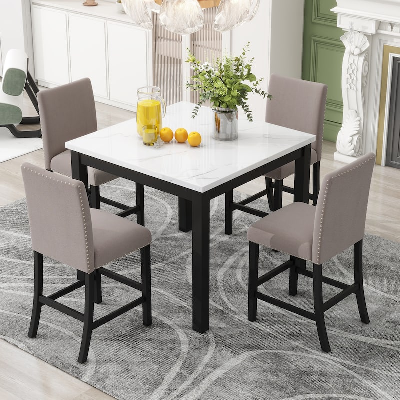 5-piece Counter Height Dining Table Set with Faux Marble Top Dining Table and Four Velvet-Upholstered Chairs for Restaurant - Brown