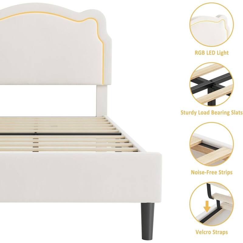 Twin Size Upholstered LED Velvet Platform Bed Frame with Bear-Shaped Headboard