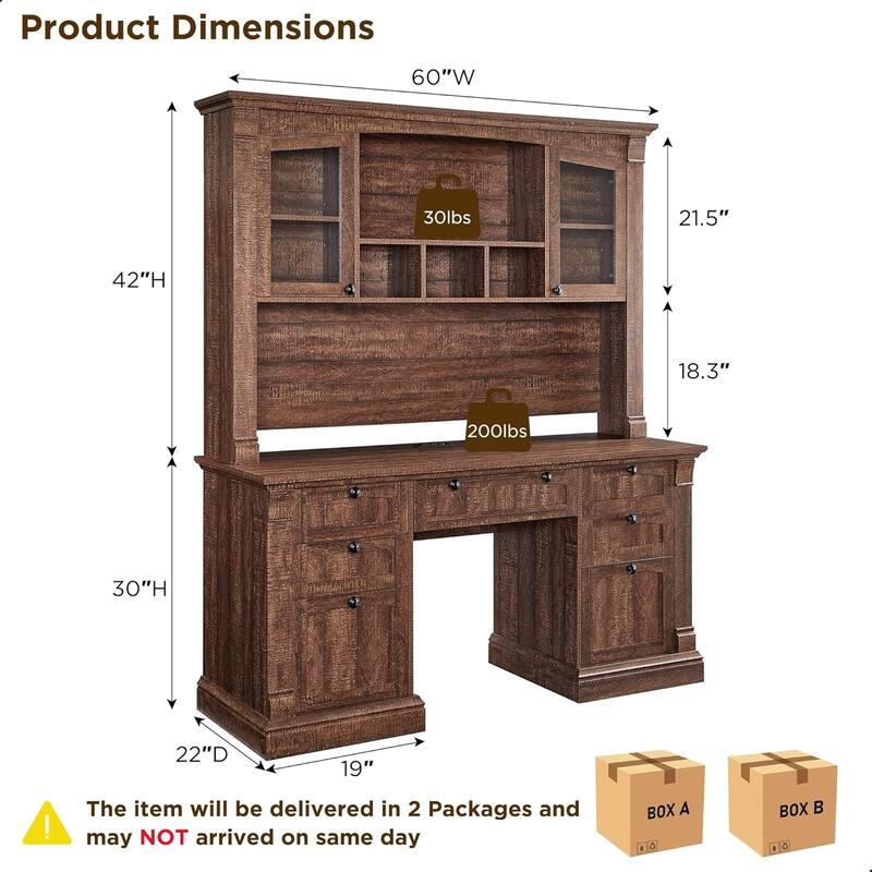 Farmhouse Computer Desk with Hutch, Wood Home Office Desk