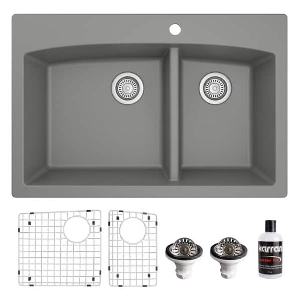 slide 2 of 59, Karran Drop-In Quartz 33 in. 1-Hole 60/40 Double Bowl Kitchen Sink Kit Grey