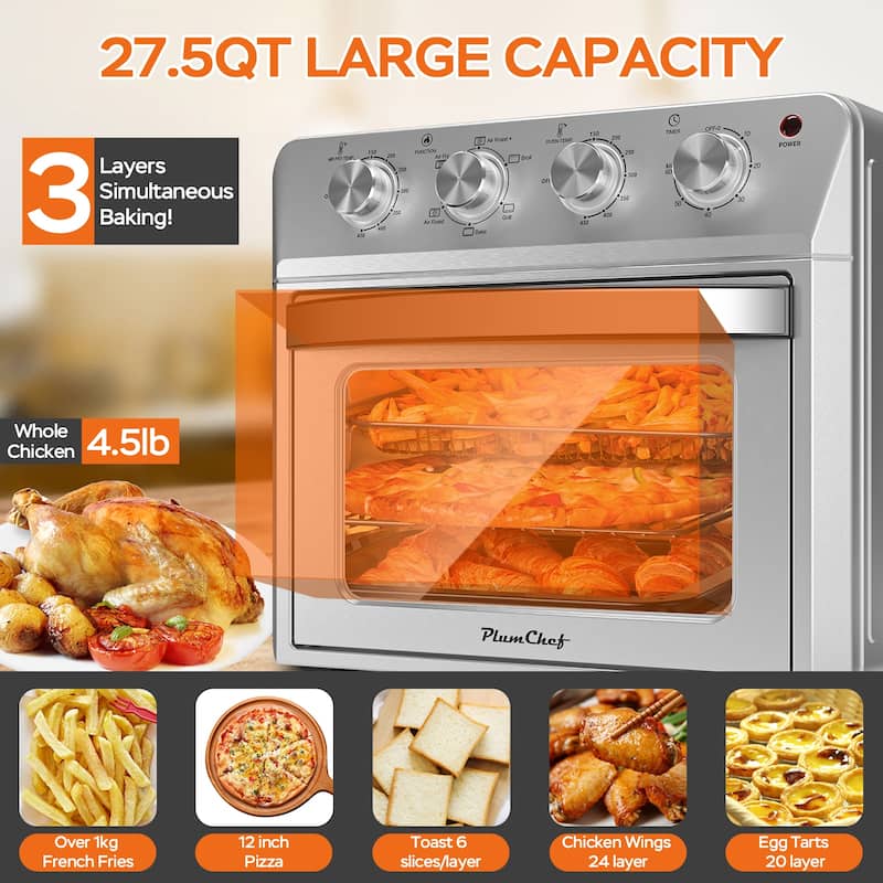 Plum Chef Air Fryer Oven 27.5QT, 6-in-1 Countertop Oven, Air Fry, Bake, Broil, Toast, Warm, Dehydrate, 4 Knob Control, 1600W