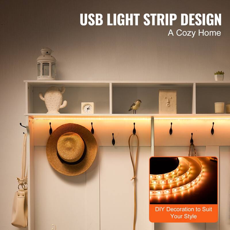 59 Inch Hall Tree Bench with LED Light Coat Rack and Shoe Storage - 59.28” x 16.44” x 67.8”