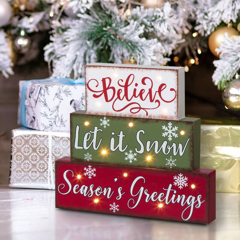 Glitzhome Fall Harvest Thanksgiving Wooden Block Set - Lighted Christmas Word Sign