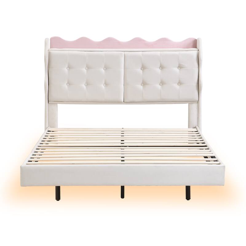 Full Size Upholstered Platform Bed with LED Lights, USB Ports, and Storage Headboard