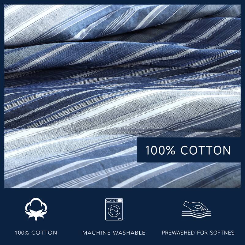 Nautica Coveside Seascape Stripe With Solid Reverse Cotton Quilt (Blue, 3 Piece Set)