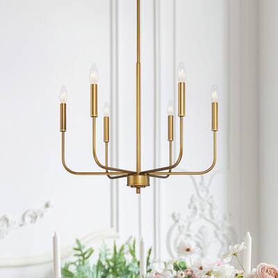 Mid-century Modern 6-Light Brass Gold Candle Chandelier French Country Farmhouse Wheel for Dining Room