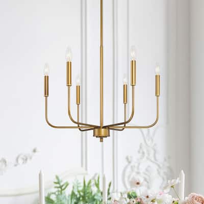 Mid-century Modern Bronze Gold Candle 6-Light Farmhouse Chandelier Adjustable Arms Pendant for Dining Room