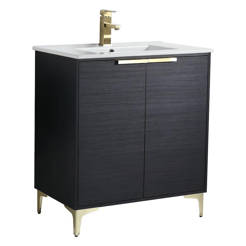 Fine Fixtures Wilmington Bathroom Vanity with White Ceramic Sink. - 30 Inch - Chestnut  - Satin Brass Hardware