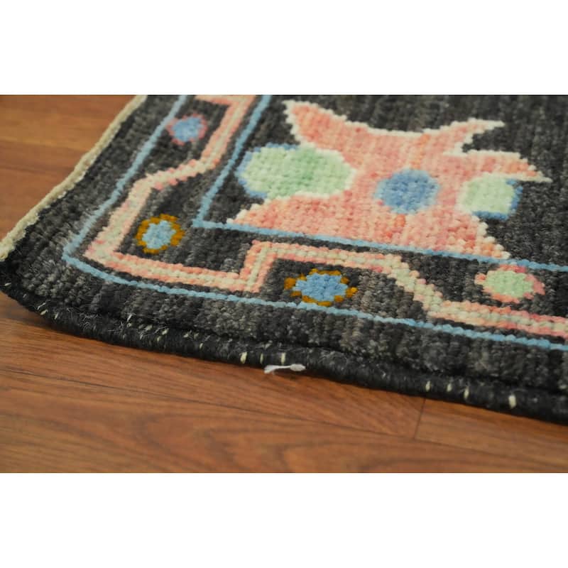 Black Floral Oushak Vegetable Dye Runner Rug, Floral Geometric Carpet - 9' 9'' X 2' 10''