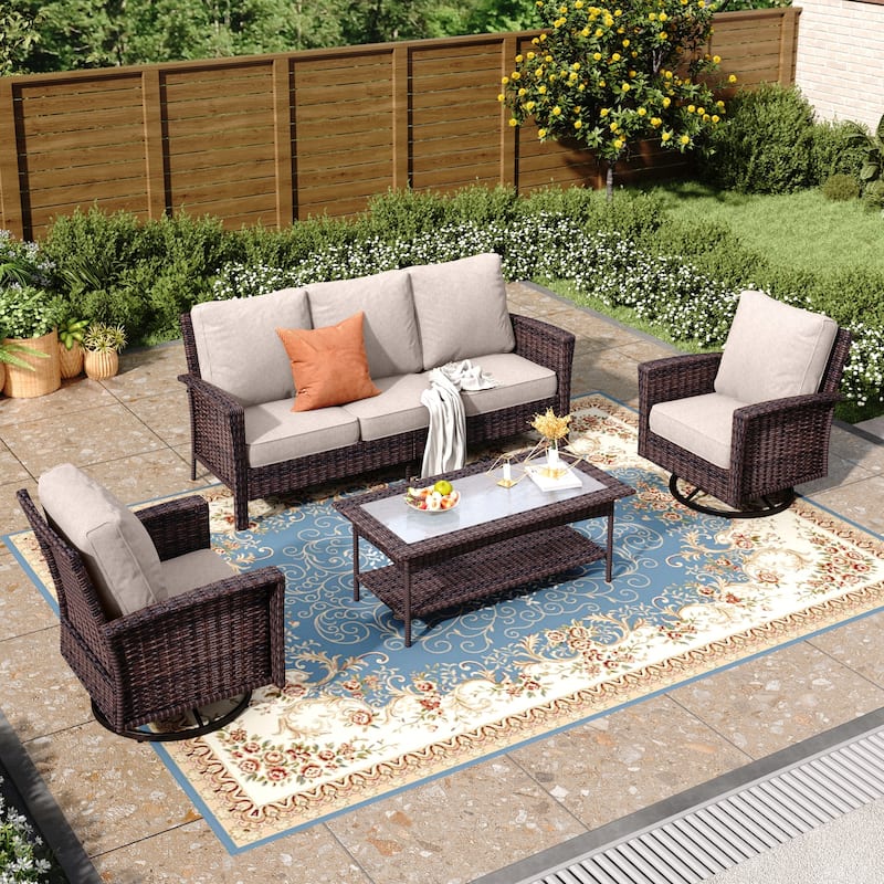MAISON ARTS Extra-Large Patio Wicker Sofa Conversation Set with Coffee Table, Oversize Seat with 5.5'' Thick Padded Cushion - 5 Seats + 47'' Table - Beige