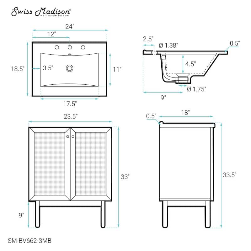 Swiss Madison SM-BV662-3MB Classe 32" Free Standing Single Basin