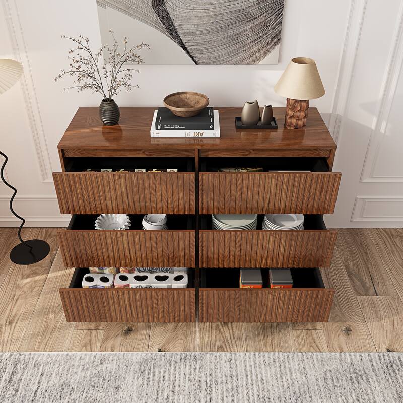 6 Drawers 47.3'' W Double Dresser With Walnut Waveform Fluted Panel Versatile Storage