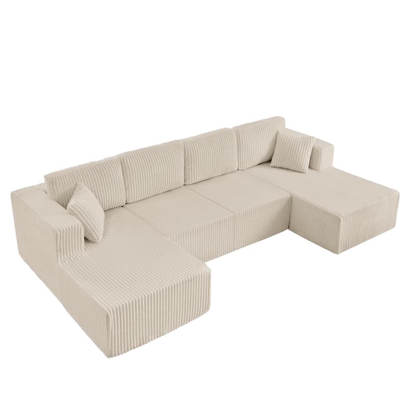 U-Shaped Modular Sectional Sofa with Dual Chaise Lounges, Oversized Corduroy Boneless Couch, Compressed Sofa with Pillows