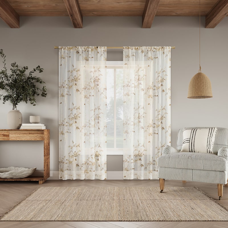 No. 918 Margot Botanical Print Sheer Rod Pocket 1-Piece Curtain Panel, Single Panel